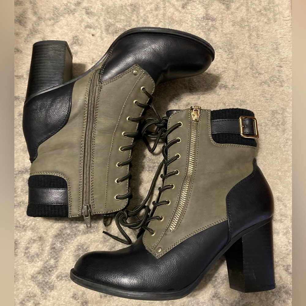 Black and Green Heeled Lace Up Boots